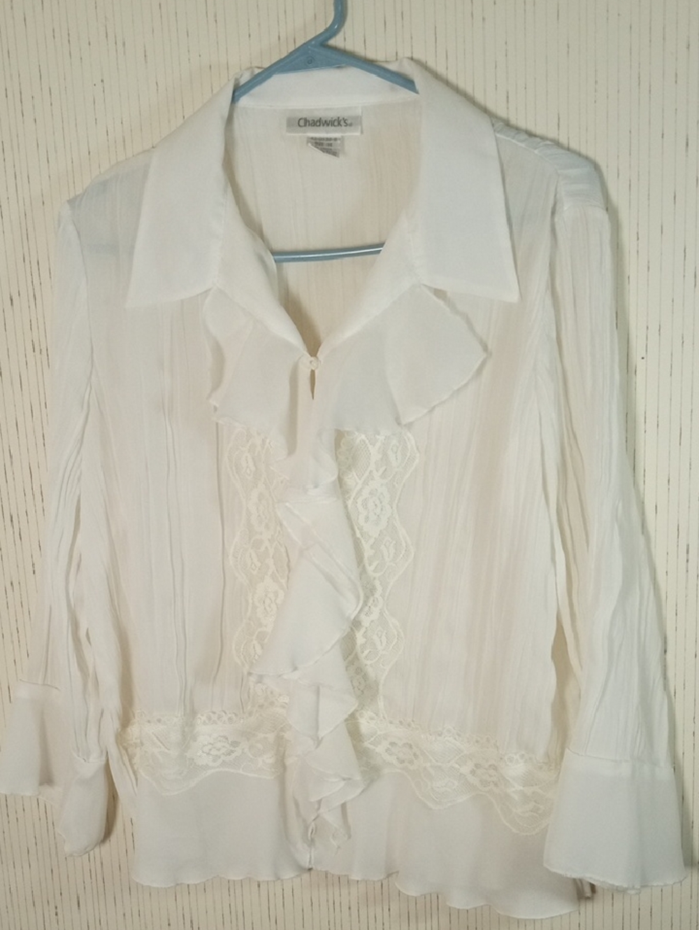 Chadwicks White Ruffled Lace-Front Button Down Blouse, Feminine, Holidays, Off